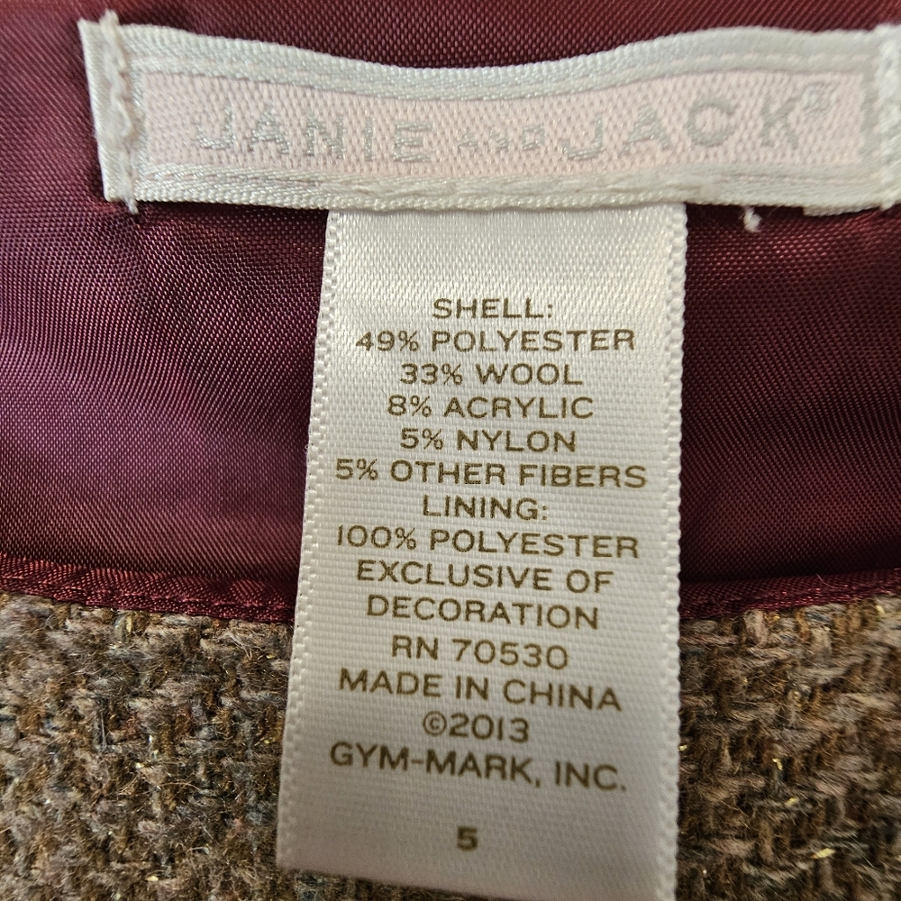 JANIE AND JACK SIZE 5 BROWN TWEED AND MAROON GIRL'S CHRISTMAS/HOLIDAY JUMPER - Picture 2 of 8
